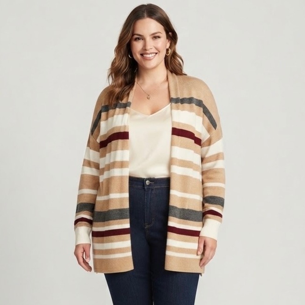 Lane Bryant Womens 18/20 Striped Open Front Cardigan Tan Burgundy Cotton Blend